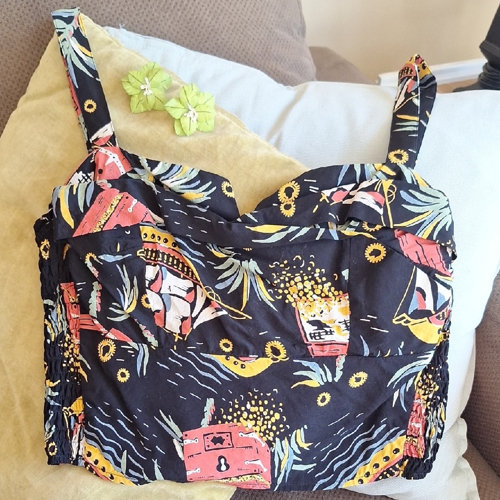 Trixie Crop Top in Pirates Treasure pattern with Vintage Screwback Earrings